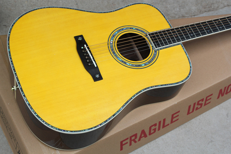 Factory custom yellow 41" full solid OM 42 acoustic guitar with ebony fretboard,Abalone binding and inlay,Wilkinson tune