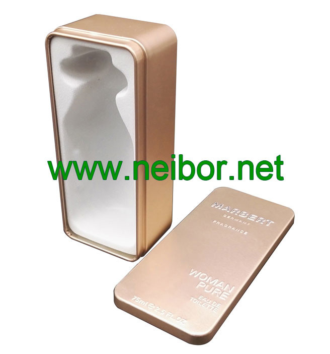 Accept Custom Order Rectangular Shape Metal perfume Gift can Women Fragrance Tin Box with flocked tray embossing Logo