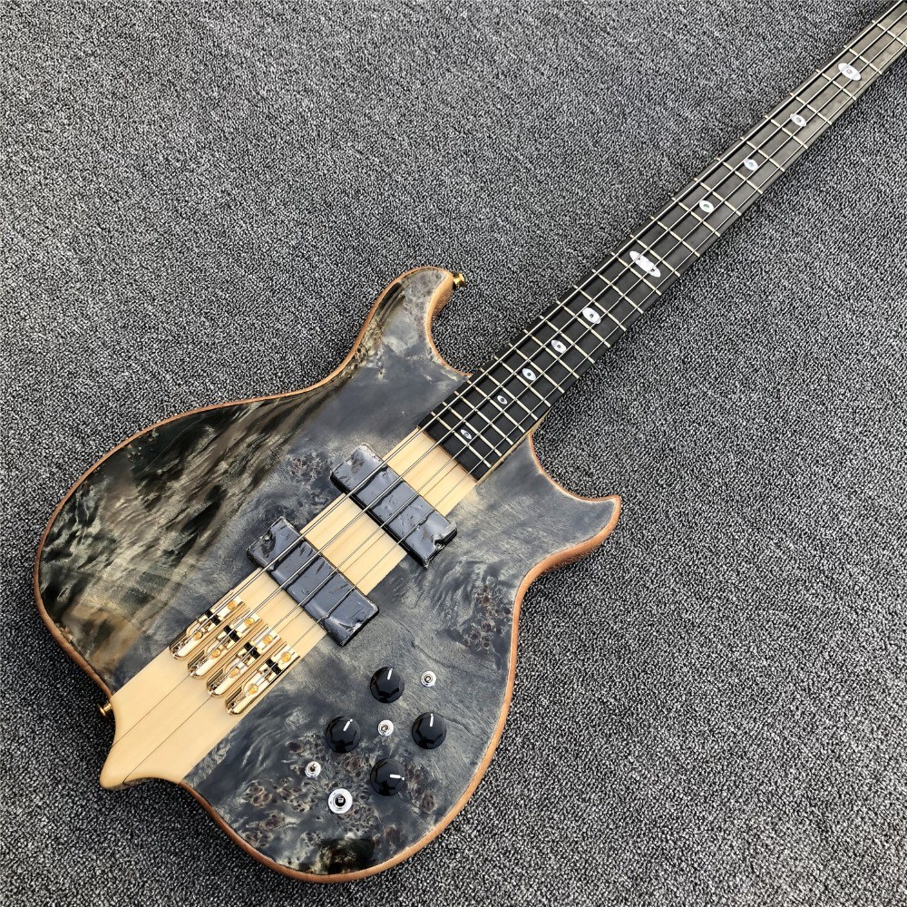 Free shipping Burst Maple top 4 strings Bass Guitar,Neck through body,Ebony fingerboard active pickups Electric bass