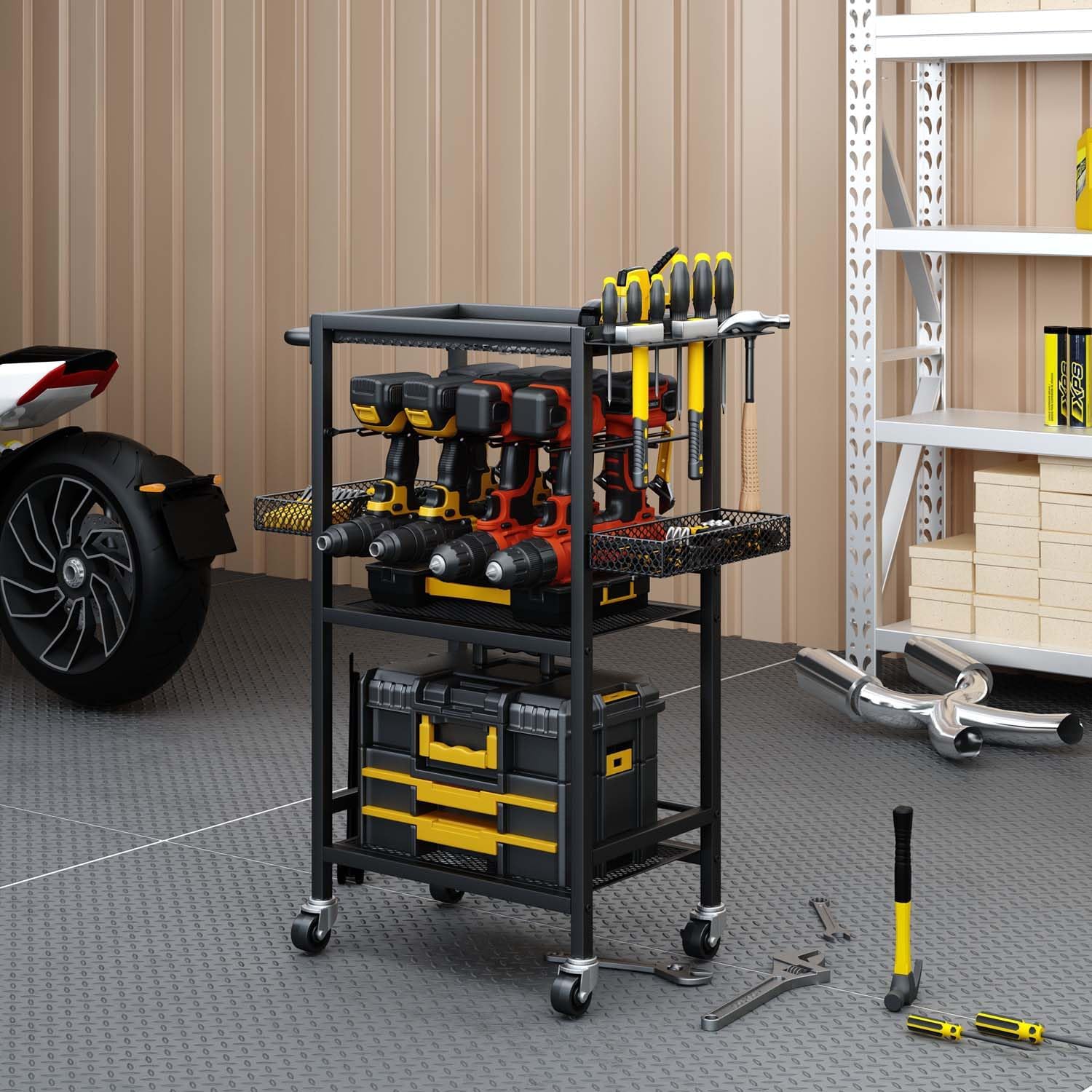 Garage Tool Shelf Drill Holders Power Tool Organizer with Wheels and 8 Drill Holders