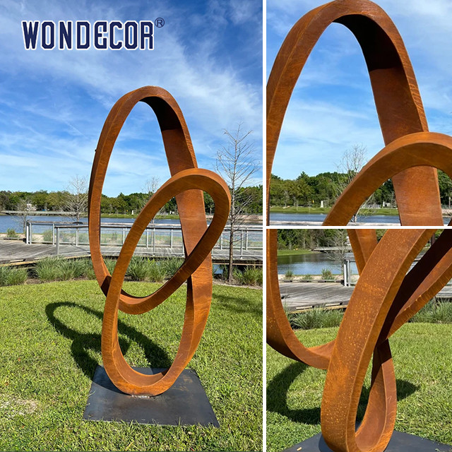 Modern Large Outdoor Abstract Ring Ribbon Weathering Steel Sculpture