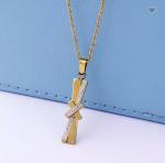Gold Stainless Steel Jewelry Set X Shaped Rhinestone Stud Earrings And Necklace