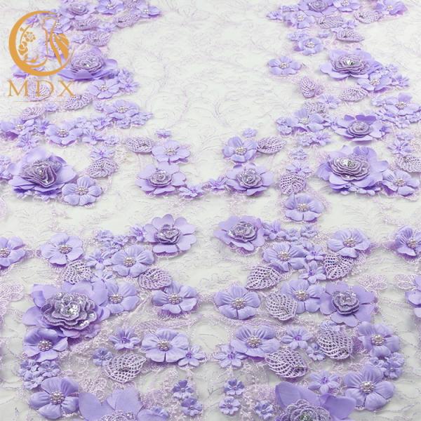 Embroidered 3D Flower Lace Fabric / Purple Lace Material Polyester For Evening