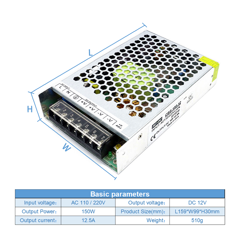 Aluminum Ultra Slim Switch Power Supply 150W 110V 220V AC To DC 12V 2.5A