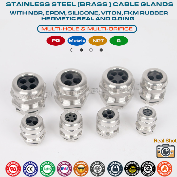 IP68 Brass Multi-Hole Cable Glands, 304/316 Stainless Cable Glands PG & Metric c/w Multi-Orifice (Multi-Entry) Seal