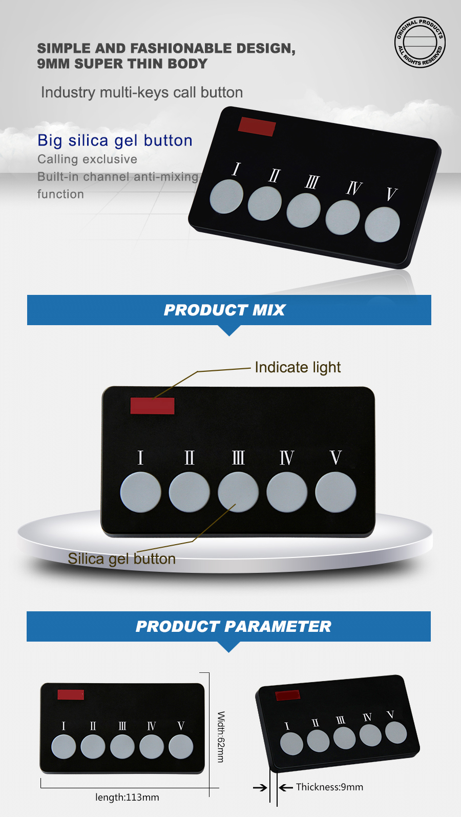 Simple fashion design wireless pagert system super thin five keys call button for office and factory