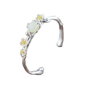 Quality Sterling Silver Natural Jade Culptured Flower Gold Plated Women Bracelet(049924) wholesale