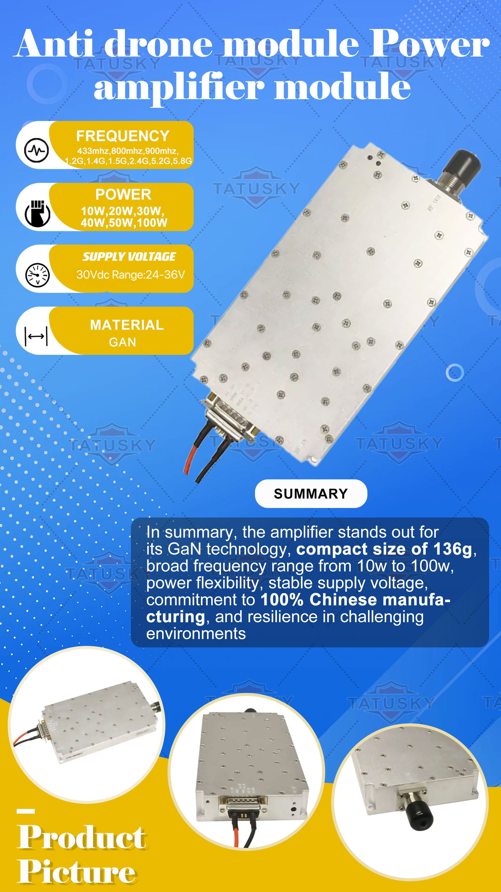 5.8G 100W GaN Amplifier for Drone Counter Module and Anti-Drone System 45±1dB Gain