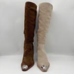 Off white soft cow suede leather with embroidery stitching Womens Dress Boots
