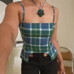 Lattice Vest Ladies Camisole Tank Tops , Open Back Strappy Blue Plaid Tank Top
