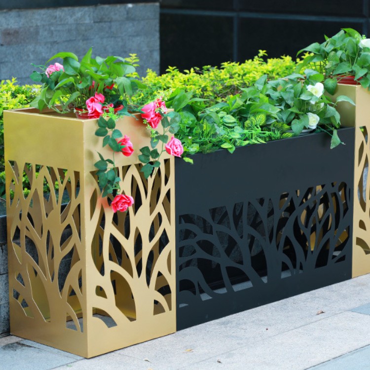 Outdoor tall metal planter with stand yellow and black flower pot