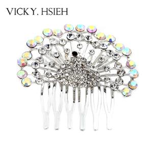 Quality VICKY.HSIEH Siver Tone Luxury Peacock Pave Crystal AB Rhinestone Hair Comb wholesale
