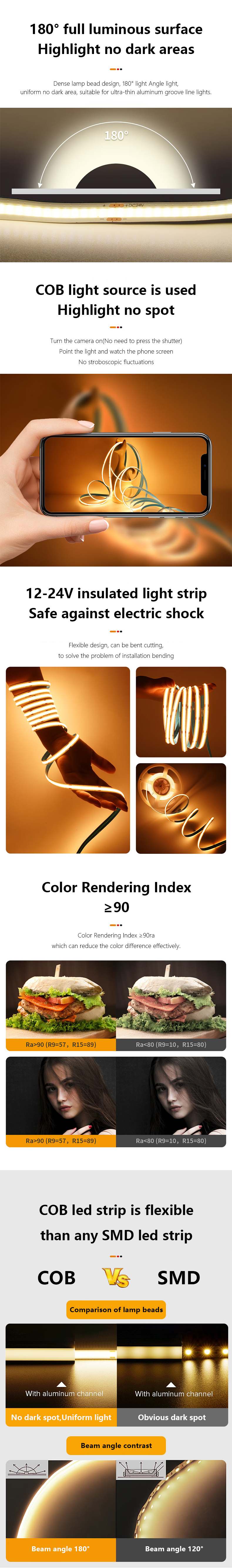 Commercial Dream Color Smart Addressable RGB COB LED Strips with Dimmable Design