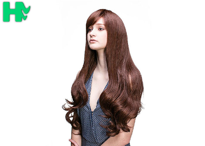 Heat Friendly Fiber Hair Extra Long Synthetic Wigs , Brown Wavy Wig With Bangs