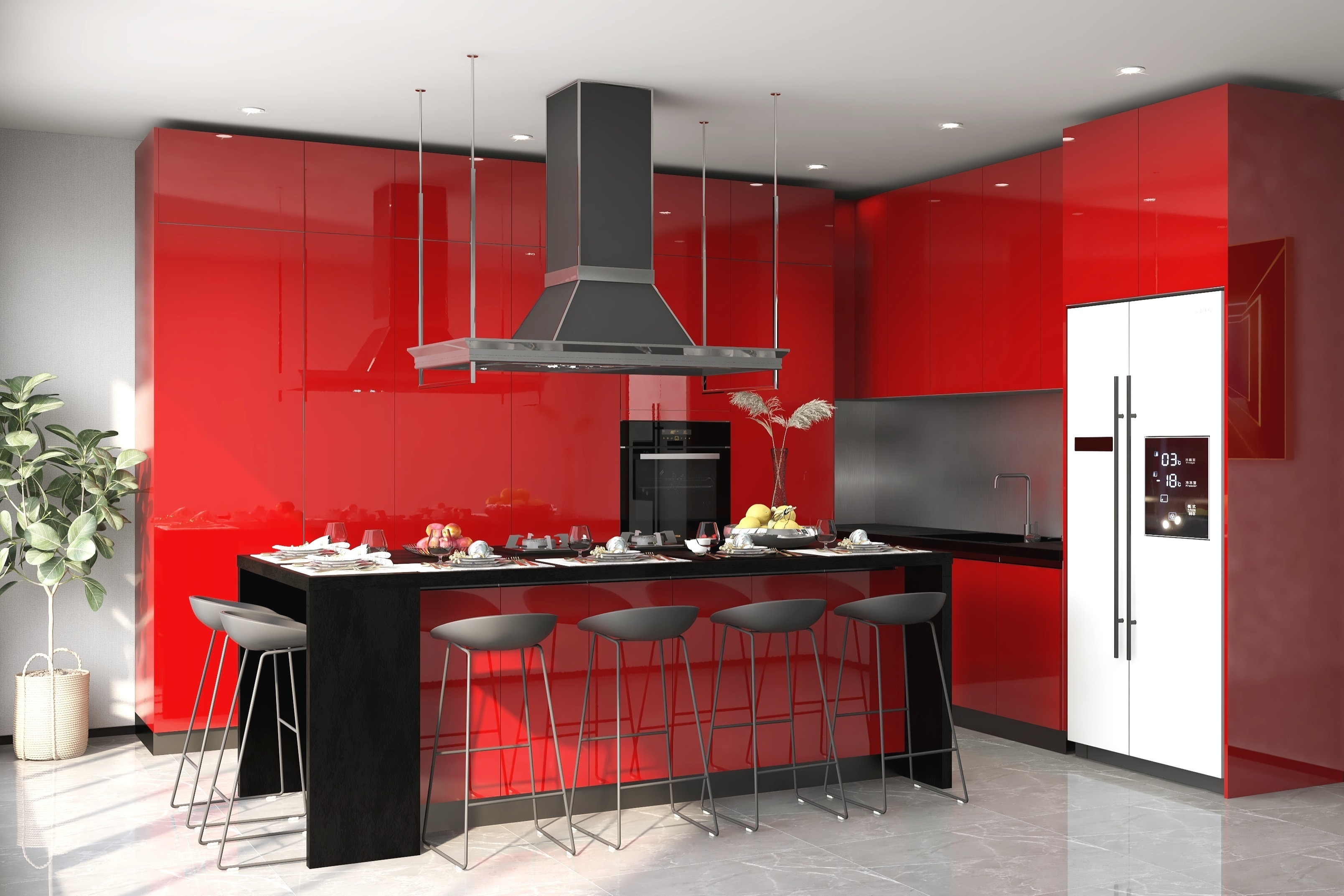 Customized Lacquer Modern Kitchen Cabinets with Veneer Top and Lacquer Bottom