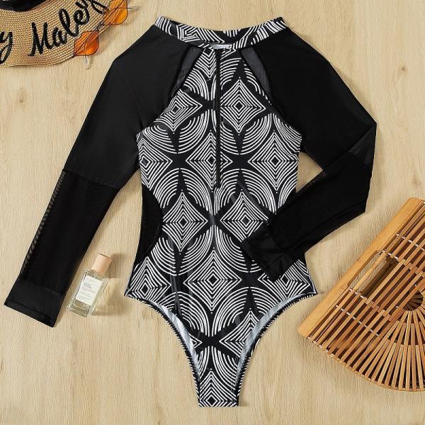 Ladies One Piece Swimsuit long sleeve Bikini Metal Chain Swimsuit Beach Halter