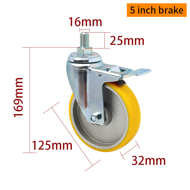 EDL Medium Duty 5inch 150kg Yellow TPU Threaded Caster by Swivel and Brake type 505S-86A