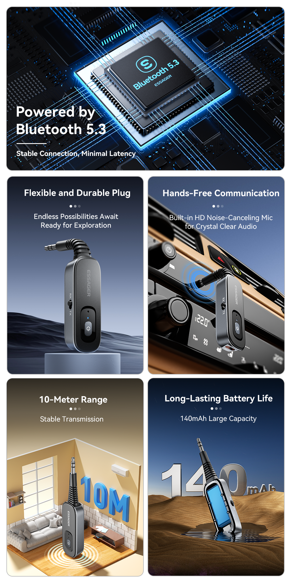 ESSAGER ES-BT10 Built in Battery Jack Aux 3.5mm to Bluetooth Transmitter Receiver