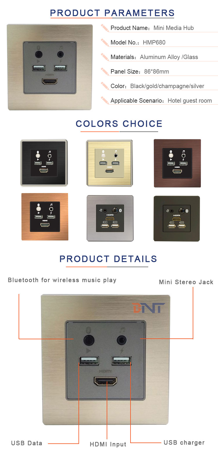 BNT Multimedia Wall Smart Socket Panel / Hotel Room Media Hub for 5-Star Hotel