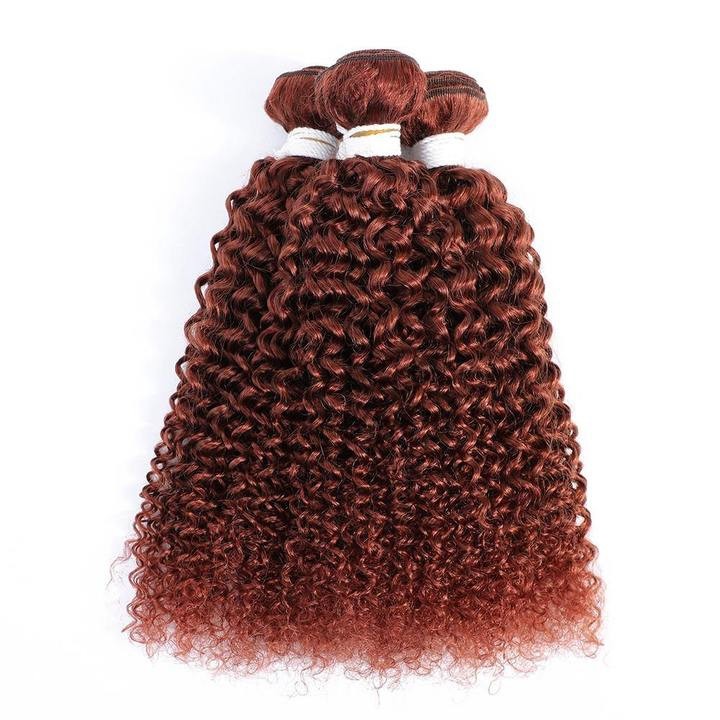 #33 Dark Auburn Kinky Curly Remy Human Hair Bundles Sew In Weave Bundles Brazilian Bundle Deals