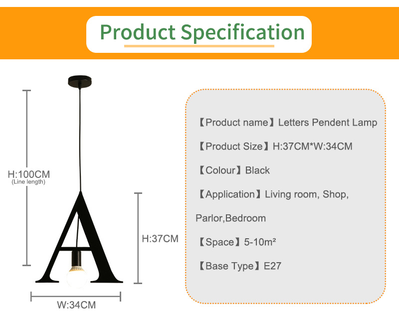 Nordic Pendant Lights Letter Light Decorative A to Z Alphabet Living Room Hotel Loft Pendant Lamp(WH-VP-184)