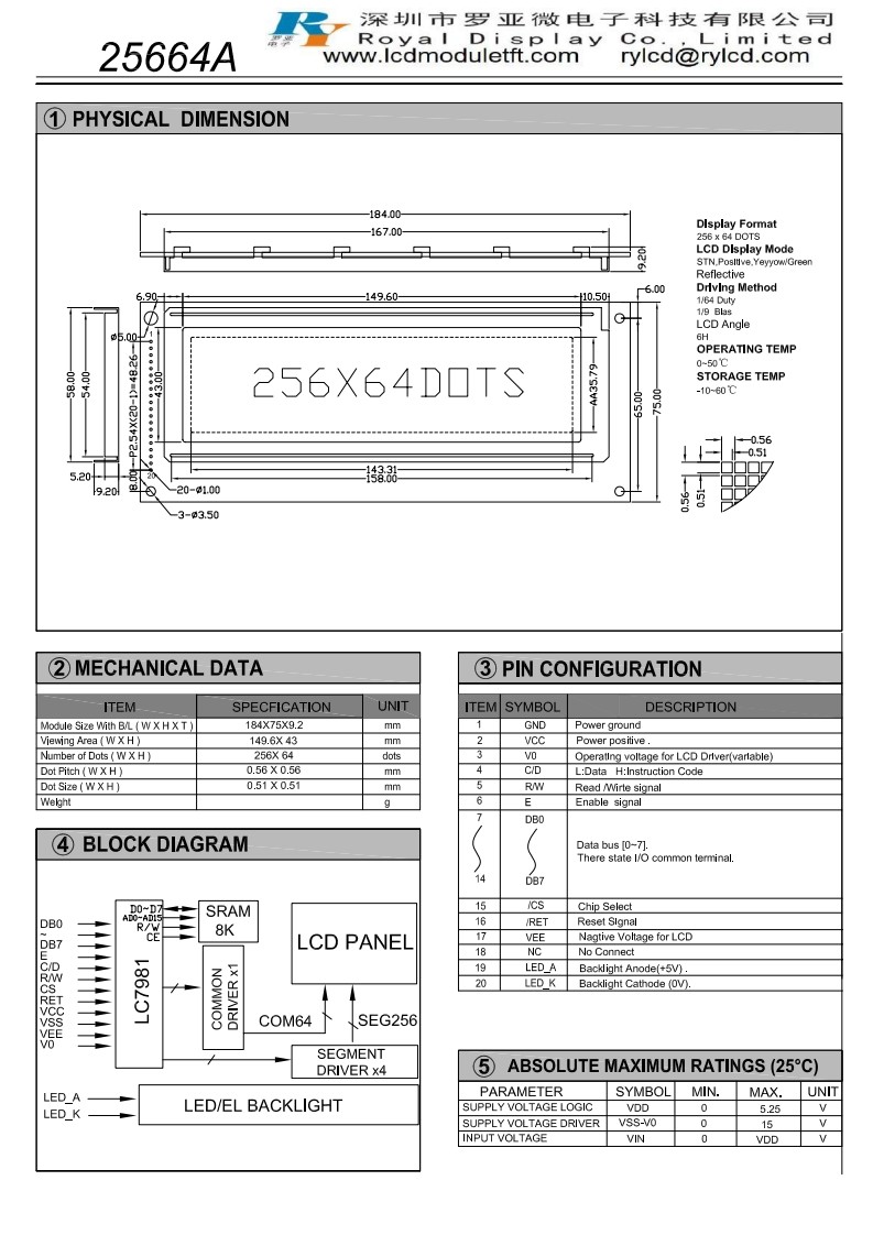 ISO STN Graphic LCD Display 5.25V Blue 256×64 Negative LCD Display