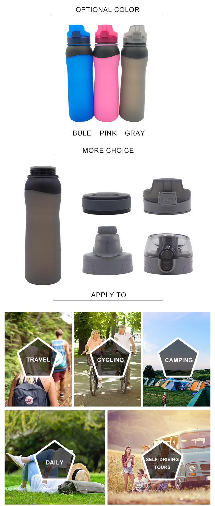 LFGB Certification Collapsible Silicone Water Bottle , 4 Cap Styles