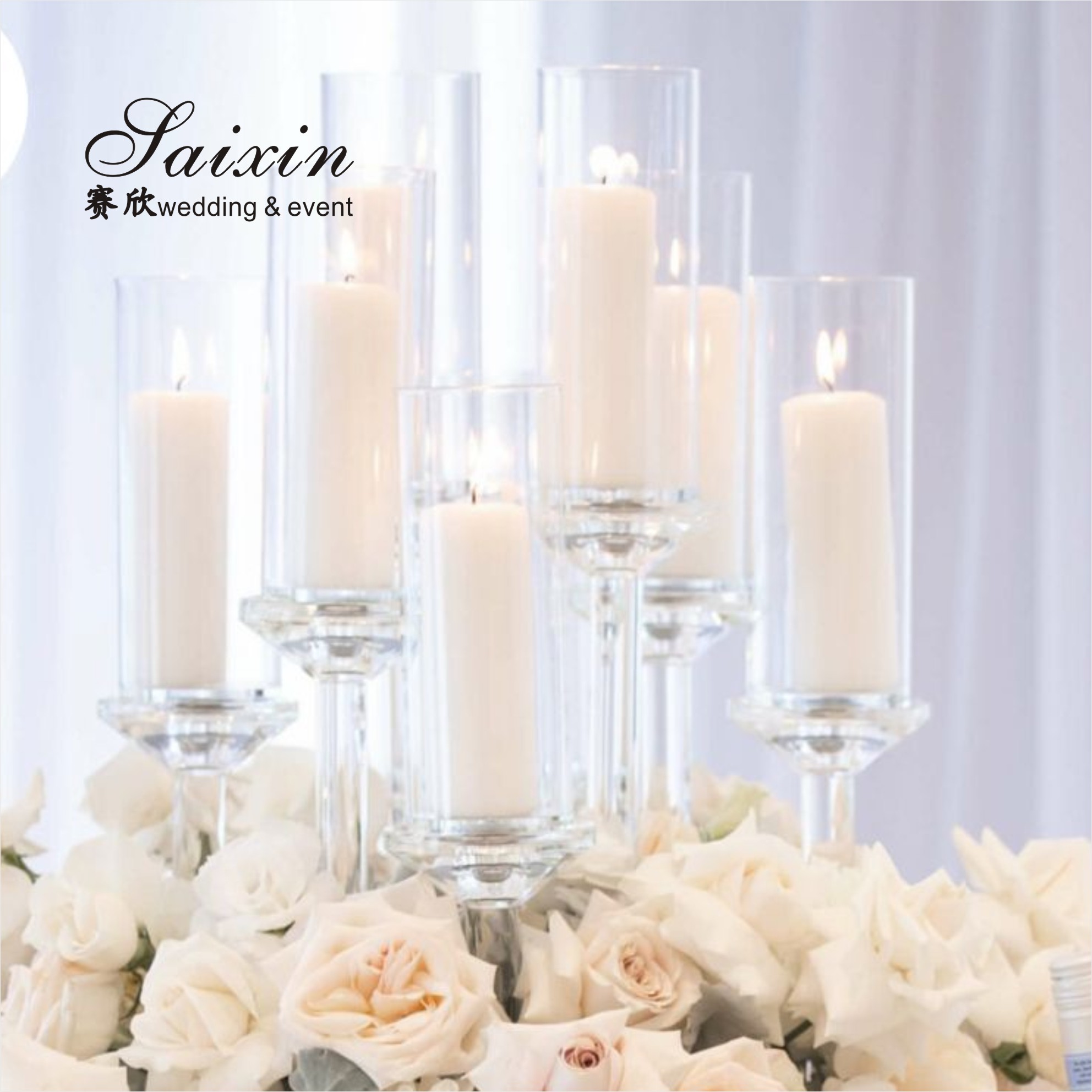 Gold Metal Candle Holder Centerpiece Set Candlestick Champaign Glass Tube