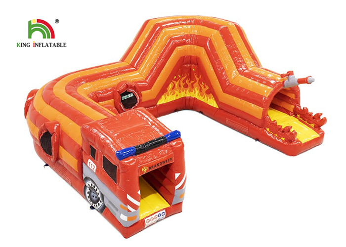 PVC 0.55mm 21ft Red Fire Truck Inflatable Obstacle Course For Kids