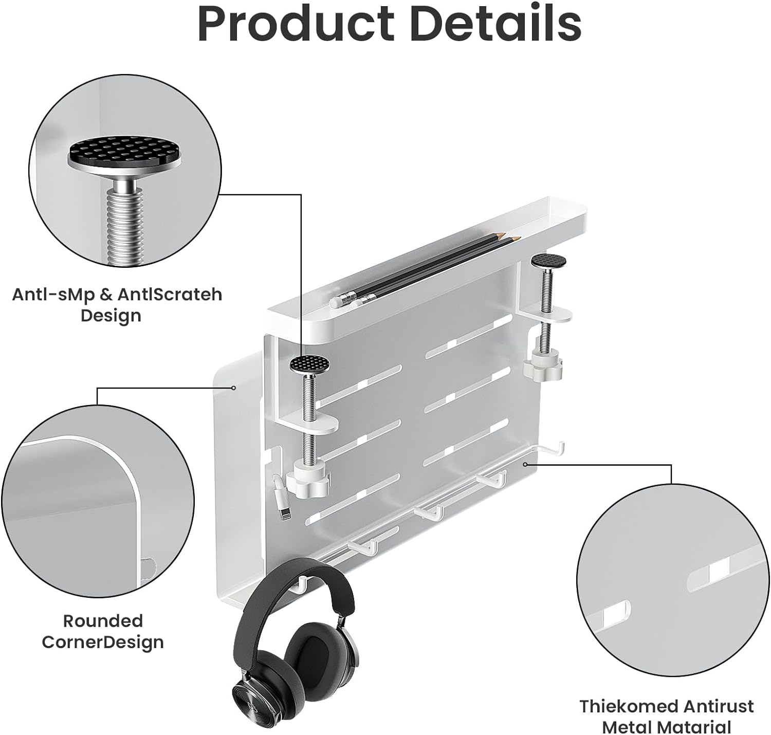 Desk Side Storage No Drill Vertical Laptop Mount with Cable Tray and Hanging Organizer