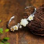 Sterling Silver Natural Jade Culptured Flower Gold Plated Women Bracelet(049924)