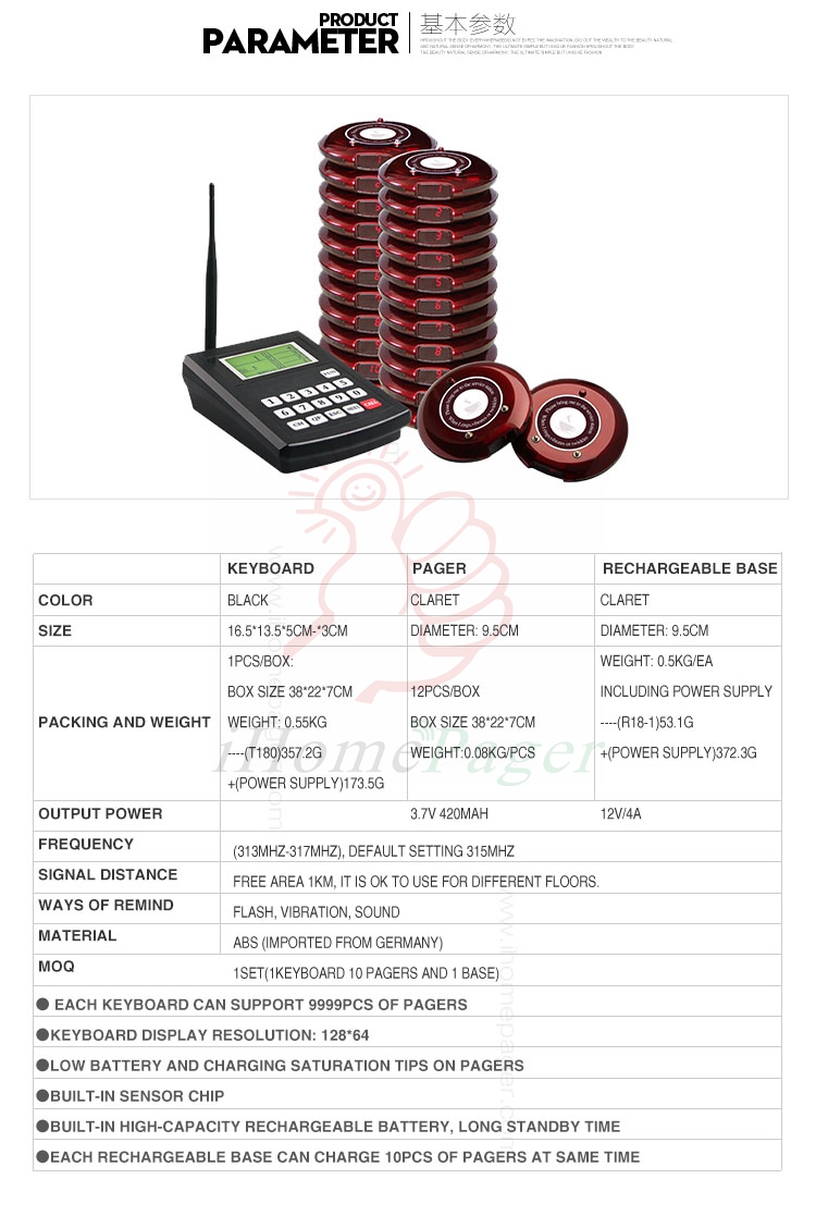 Pager Call Restaurant Pager Guest Call Wireless Paging Queuing System Call Button Rechargeable Battery Restaurant Equipment
