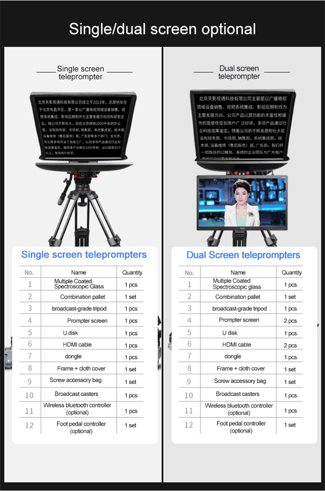 TS-T110/22D Dual Screen Teleprompter with Studio Software and On-Camera Caster Tripod