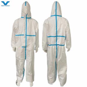 Quality CE En14126 Cat 3 Type 4 5 6 Disposable Coveralls with Hood White and Blue Tape Times wholesale