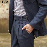 British Herringbone Vintage Woolen Casual Trousers Straight Hemmed Classic Men's