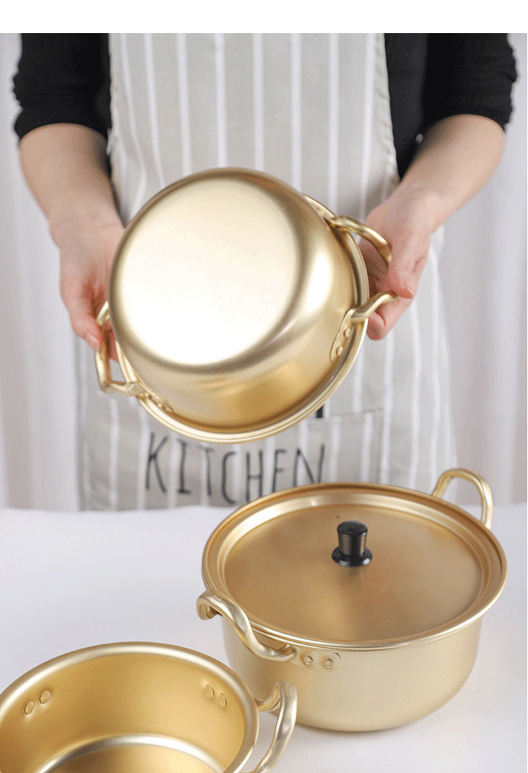Korean Cookware Kitchen Gold Instant Noodle Pot Home Stock Pot Small Pan Aluminum Ramen Soup Pot With Lid