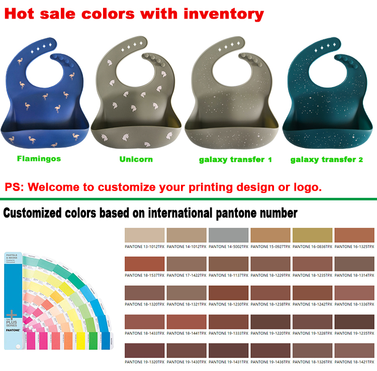 Custom Printing Mess Catching Silicone Baby Bib Lead Free Antibacterial