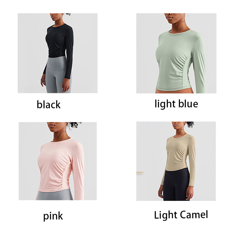 Pleated Ladies Long Sleeve Yoga Tops Quick Dry Four Way Stretch Yoga T Shirts