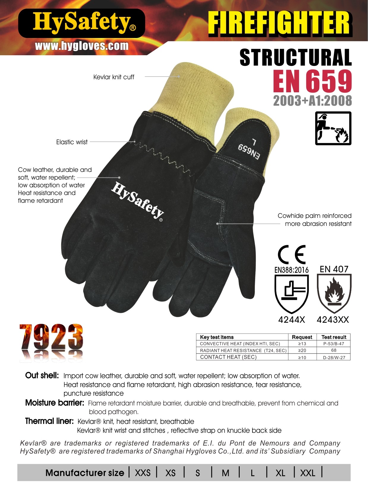 Flame Retardant Structural Firefighting Gloves Cowsplit Shell Wristlet Cuff