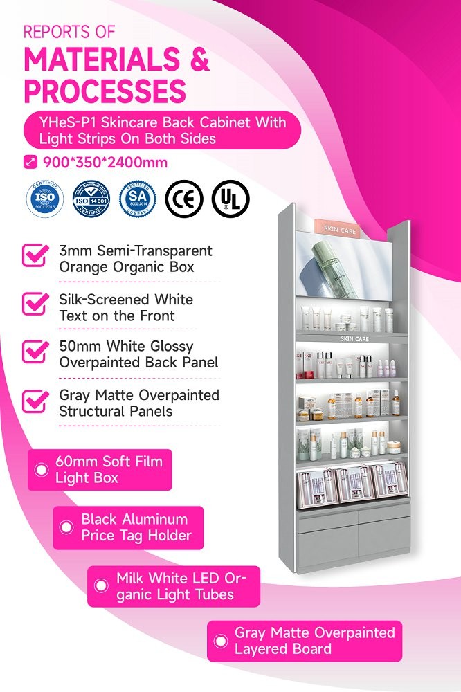YHeS-P1 Recessed Structure Skincare Display Cabinet with Milk White LED Tubes