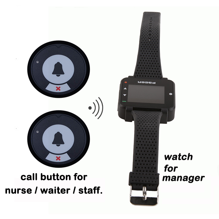 Customize alphanumeric wireless wrist watch pager and call bell button for guest service in supermarket.