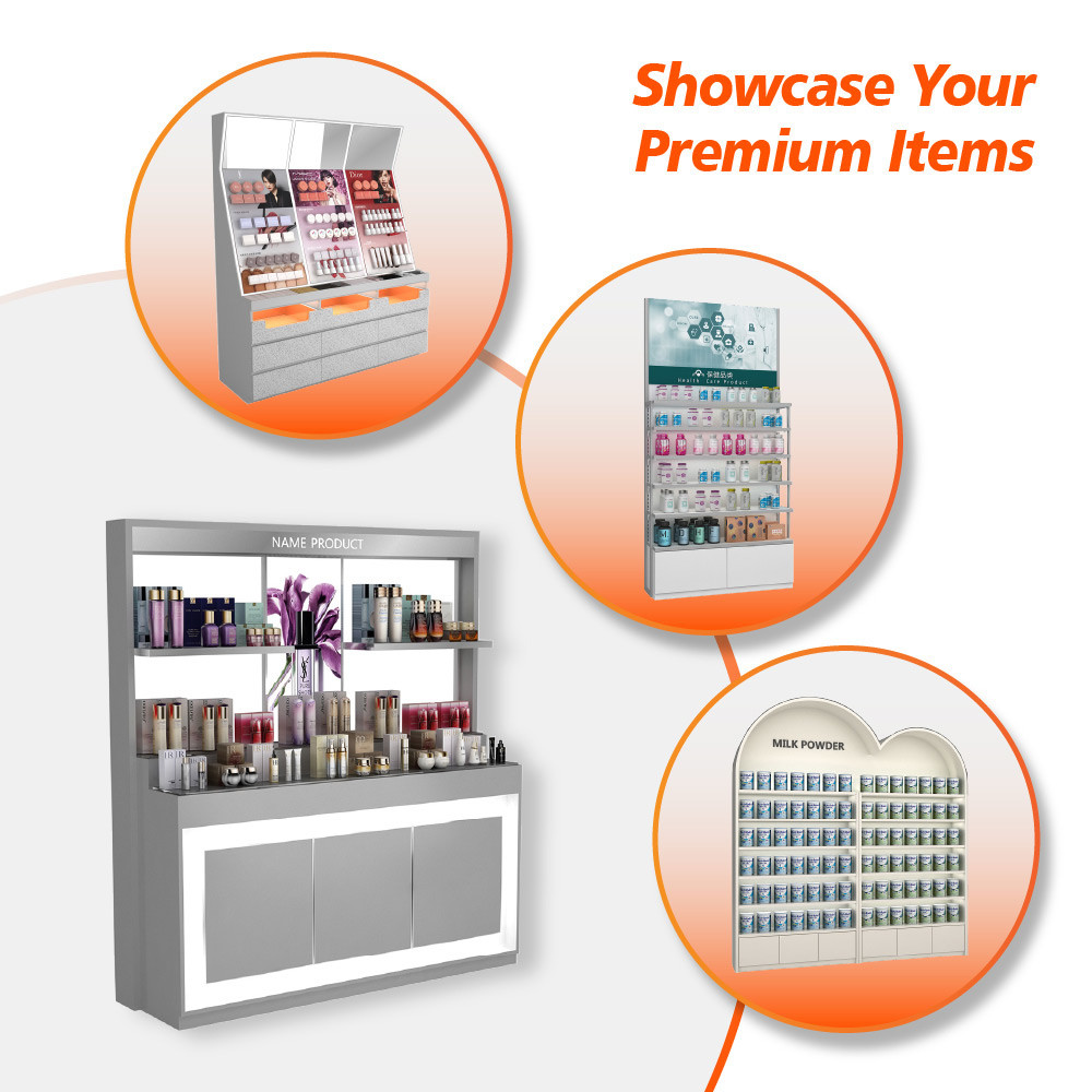 GDR02-BG01 Skincare Display Cabinet with LED Strip Lights and White Glass for Department Stores