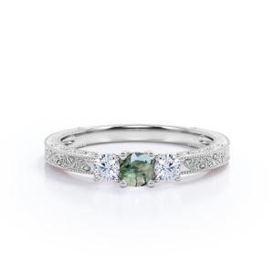 Quality Round Brilliant Cut Natural Transparent Moss Green Agate and Moissanite - Carved Filigree Milgrain Engagement Ring wholesale