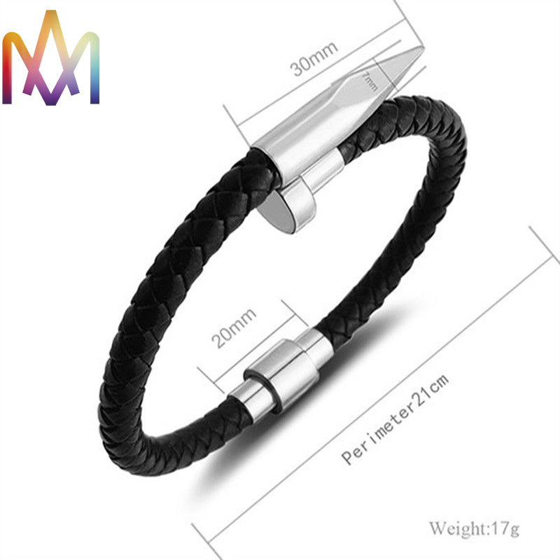 Engraved Braided Leather Nail Bracelet