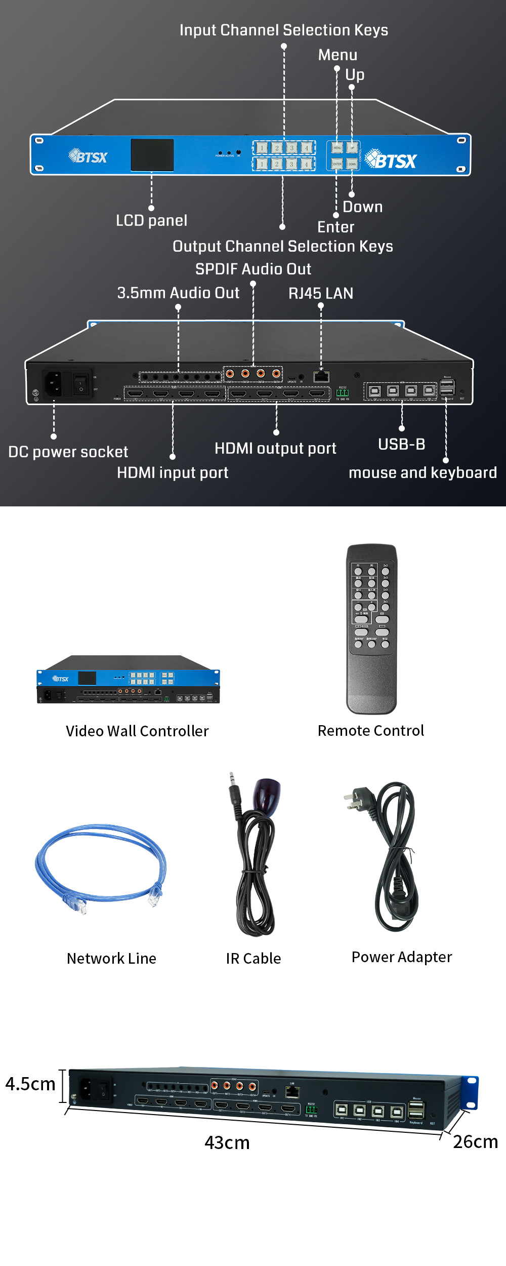 Seamless KVM Audio Video Matrix Video Wall Controller 4x4 2x2 1x4 4K60 HDMI PIP Editable with 4 HDMI 2.0 Input