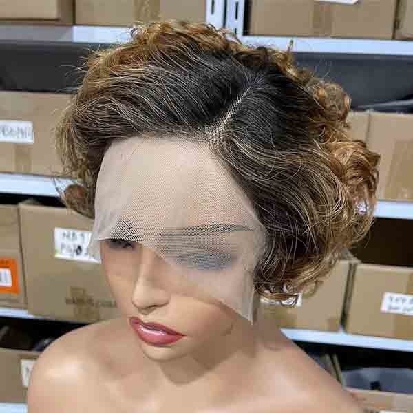 Ombre 27 Honey Blonde Pixie Short Curly Bob Wigs Human Hair Lace