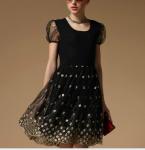 Ladylike style Scoop neck Embroidery lace short sleeves Slimming Burnt-out dress