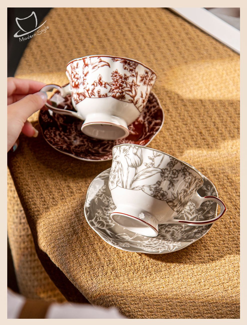Elegant Ceramic Coffee Mug And Saucer Set Light Luxury Gold Line Design For Drinkware