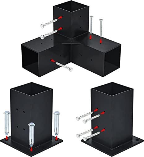 Carbon Steel Pergola Brackets for 4x4 Inch Wood Beams 3-Way Right Angle Corner