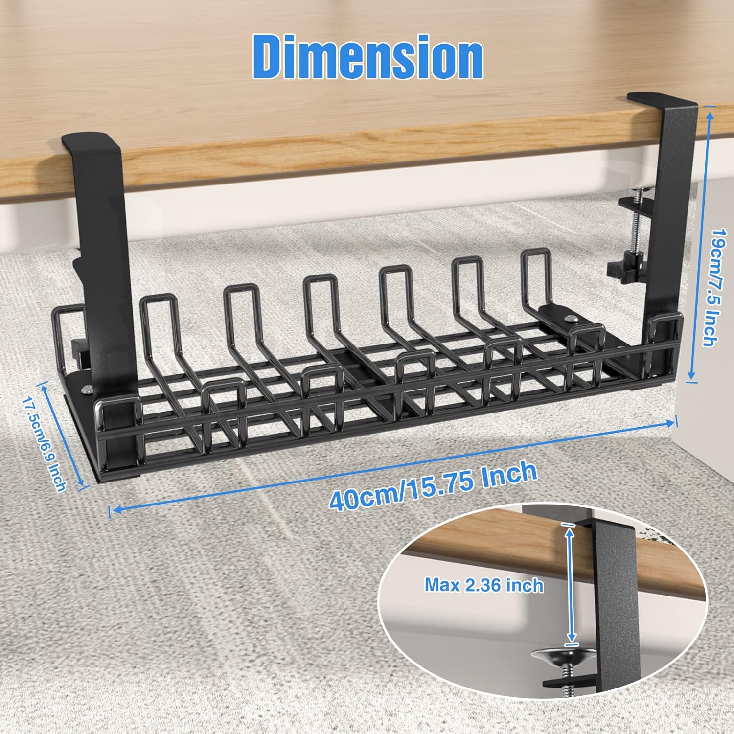 Office Organizer 2 Pack Black Cable Management Tray for Under Desk Cord Organization